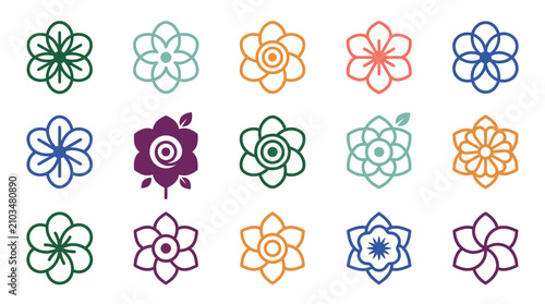 Decorative geometric flower outline icon collection