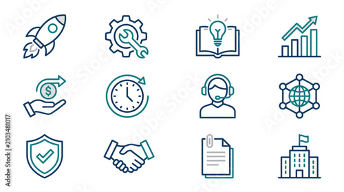 Professional business technology and startup concept icons.