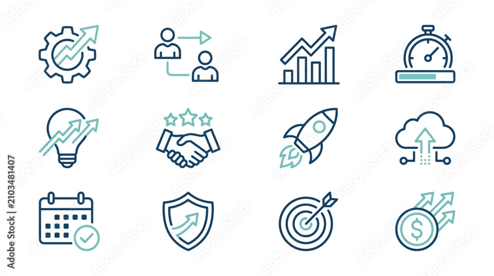 Fototapeta premium Business development and corporate strategy growth icons set.