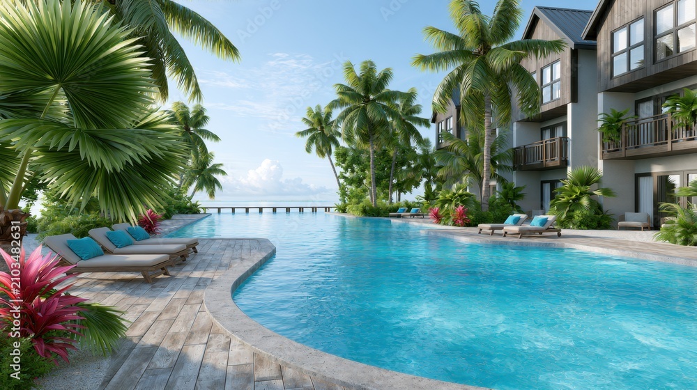 Fototapeta premium Serene Tropical Resort Pool Surrounded by Lush Greenery and Bright Flowers Under Clear Blue Sky