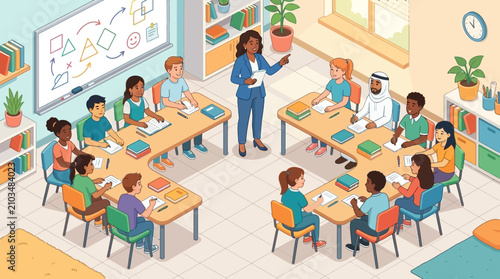Teacher instructing multicultural group of students in classroom