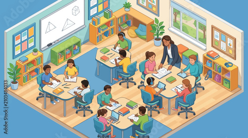 Primary school students collaborating in modern classroom setting
