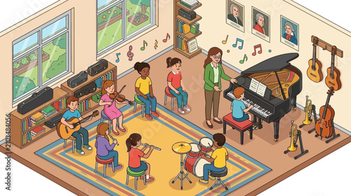Diverse children playing musical instruments in music class