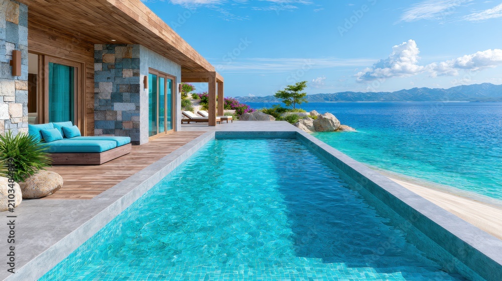 Fototapeta premium Serene Coastal Retreat with Infinity Pool, Relaxing Lounge Area, and Breathtaking Ocean Views Under Clear Blue Sky