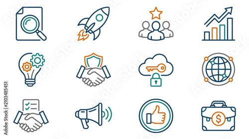 Professional business startup and marketing strategy icons.