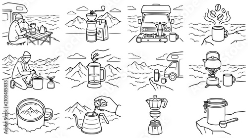 Camping Coffee Collection: Grinding, Brewing, Enjoying Morning Coffee Outdoors