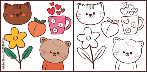 cute set of hand drawn cartoon cats and cute stuff for coloring page and coloring book