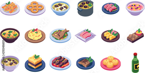 Εκτύπωση καμβά Isometric Asian Food and Traditional Cuisine Icon Set with Rice Bowls Soup Noodl