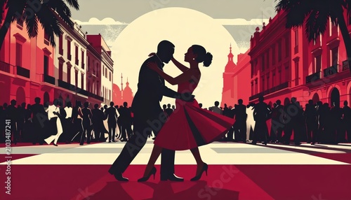 Vintage Poster Style Illustration of a Silhouette Couple Dancing Tango in a Vibrant City Street at Sunset with Copy Space