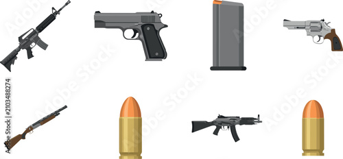 Tableau sur toile Military Weapons and Firearms Vector Icon Set with Assault Rifles Pistols Shotgu