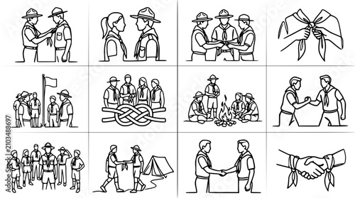 Valokuva Scouting Line Art Collage: Friendship, Teamwork, Camping, and Knot Tying