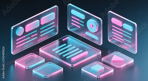 Isometric 3D Glassmorphism UI Elements Dark Tech Background