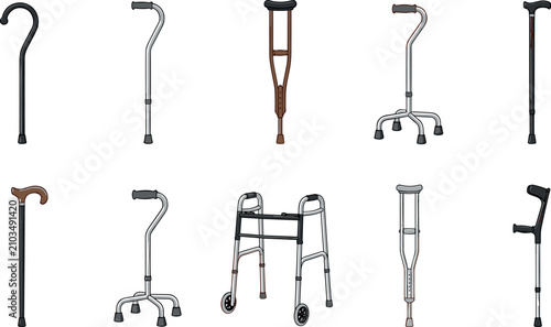 Bild auf Leinwand Medical mobility equipment vector icon set featuring walking canes crutches quad