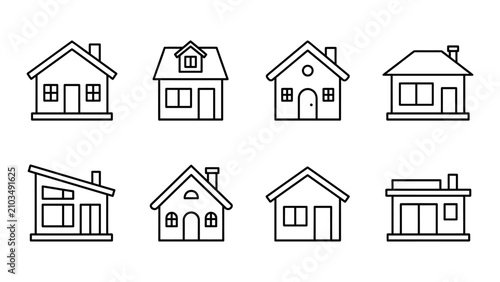 Collection of various residential house icon line drawings with building