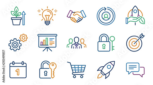 Colorful business strategy and startup icons.