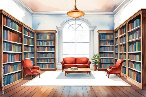 Cozy Home Library Interior Featuring Wooden Bookshelves and Comfortable Red Armchairs with a Central Sofa for Reading and Relaxation