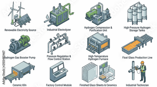 Isometric illustration of industrial equipment and processes for hydrogen production and glass manufacturing.