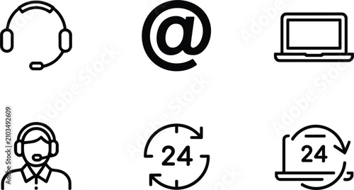 Obraz na płótnie Vector icon set of online customer support, call center headset agent, laptop ma