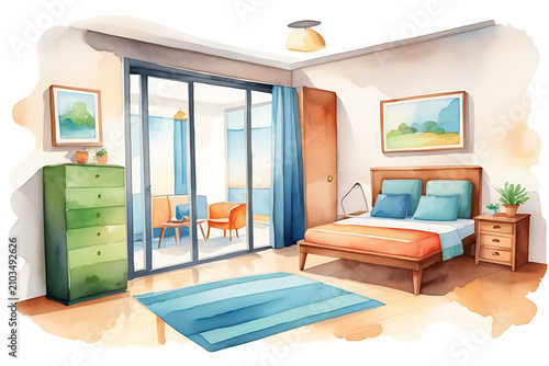 Watercolor Bedroom Interior Design Featuring Cozy Bed and Balcony View with Natural Light