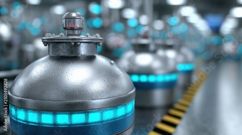 Metallic gas tanks with glowing blue lights in a modern industrial warehouse setting with blurred background and shiny surfaces for stock photography