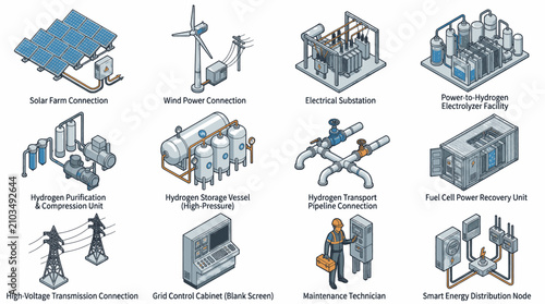 Set of isometric icons representing renewable energy production, storage, and distribution systems.