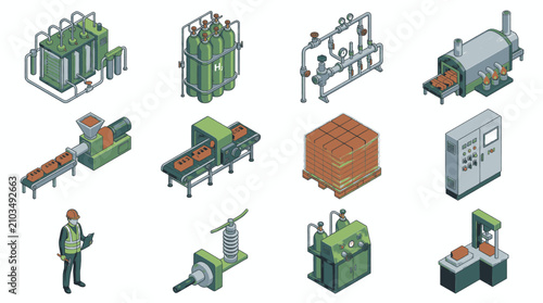 Isometric industrial machinery and equipment set for manufacturing processes.