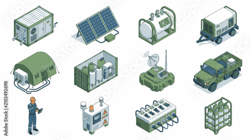 Collection of isometric military and industrial equipment, including generators, shelters, vehicles, and communication devices.