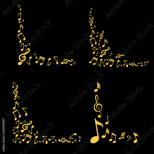Fotografie Golden music notes corner border frame vector set
