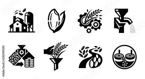 Eight black agricultural icons featuring farm buildings, silos, grain, gears, processing equipment, wheat, trees, and harvested produce on a white background.