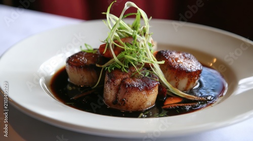 Gourmet Scallops with Savory Sauce and Garnish.