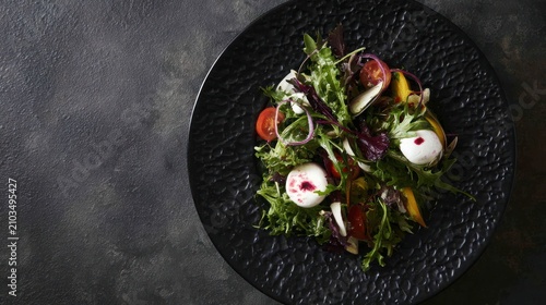 Gourmet Salad on Dark Plate Overhead View.