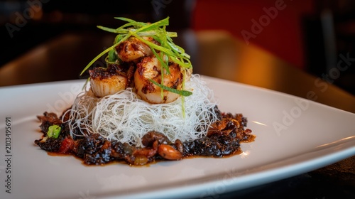 Gourmet Shrimp Dish on White Plate.