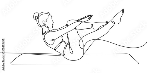 Foto Woman doing pilates boat pose in a Continuous one line drawing style