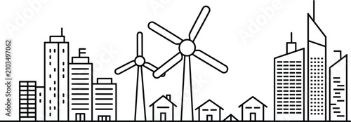 Vector line art of green city skyline, sustainable wind turbine infrastructure, modern urban skyscraper building