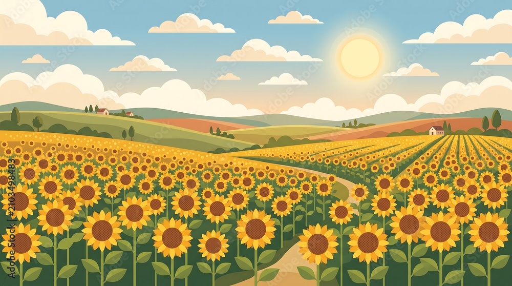 Fototapeta premium Flat illustration of a blooming sunflower field under warm afternoon sunlight, distant hills, fluffy clouds, clean geometric vector style, natural colors