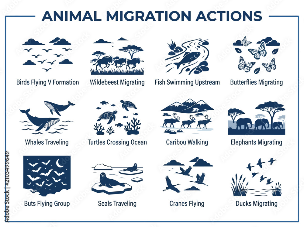Obraz premium A chart titled ANIMAL MIGRATION ACTIONS with 12 labeled silhouettes of various animals moving across terrains