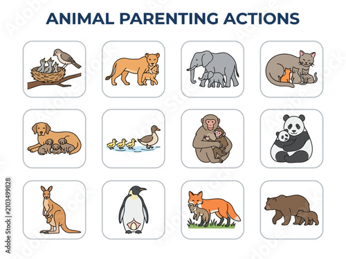Photography A grid of 12 illustrated squares depicting various adult animals with their offs