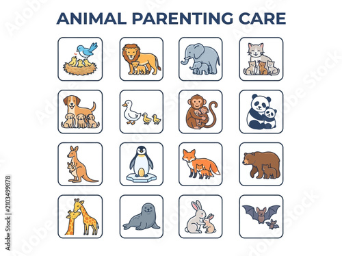 Canvas Print A grid of 16 icons depicting various animals interacting with their offspring