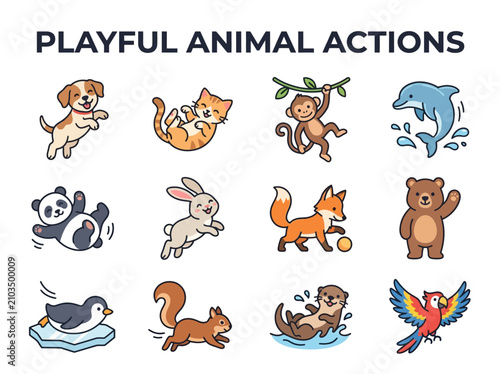 A grid of twelve illustrated cartoon animals engaged in playful activities