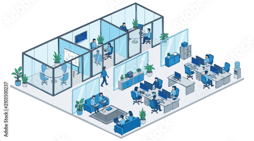 Office Workspace Illustration Depicting a Modern Business Environment with Diverse Teams Collaborating in Open plan Areas and Private Meeting Rooms