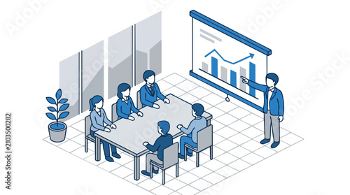 Business Professionals Attending an Isometric Meeting Actively Discussing a Presentation Displaying Financial Growth Charts and Data Analysis
