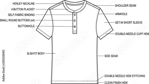 Foto Technical Fashion Flat Sketch of a Men’s Short Sleeve Henley Shirt with Construc