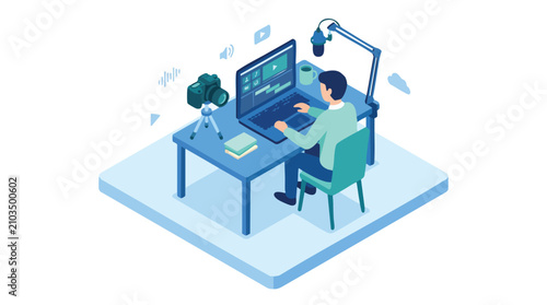 Content Creator Working on Video Editing and Podcasting in a Home Studio Setup Isometric Illustration