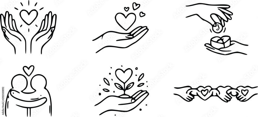Obraz premium A set of black and white vector illustration icons featuring human hands holding hearts and various expressions of love