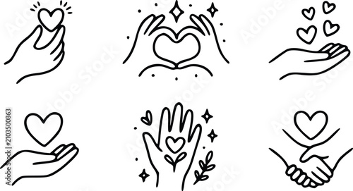 A collection of black and white hand drawn vector illustrations showing diverse human hands holding or forming various heart shapes