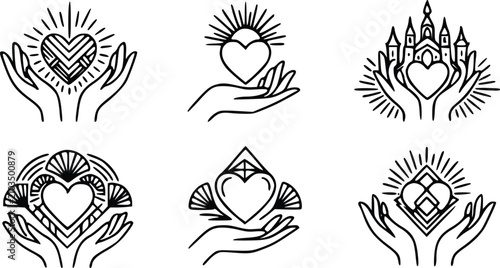 Minimalist vector illustration set featuring black and white hand drawn heart symbols held gently by stylized open human palms