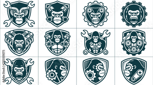 Fotografie Set of 12 gorilla mascot logo icons for automotive mechanic shops featuring primate heads integrated with engine pistons, wrenches, gears, and turbochargers inside shield frames