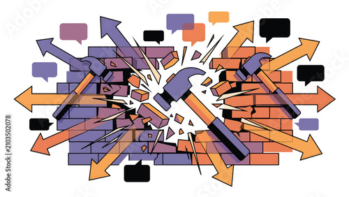 Conflict Illustration Showing Breaking Walls with Hammers and Arrows