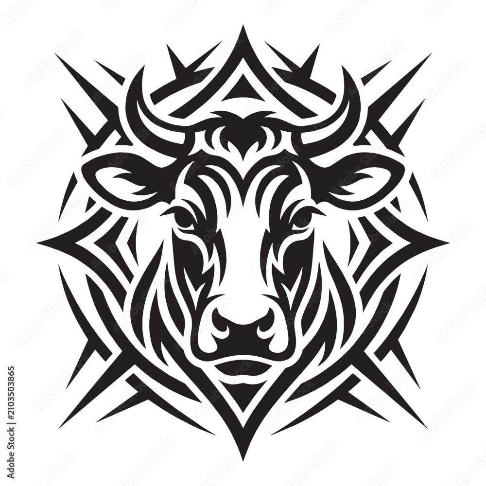 Fototapeta premium Tribal Cow Head Tattoo Design, Blackwork Ink Bull Silhouette with Ornamental Sharp Decorative Elements on White Background
