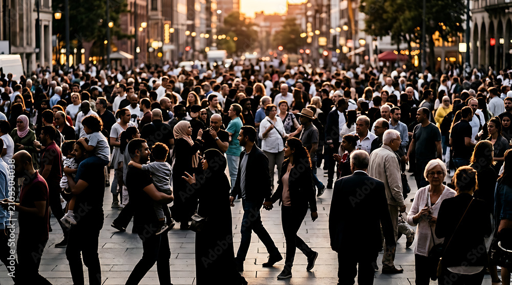 Obraz premium crowded city street at sunset with pedestrians walking in both directions, warm light